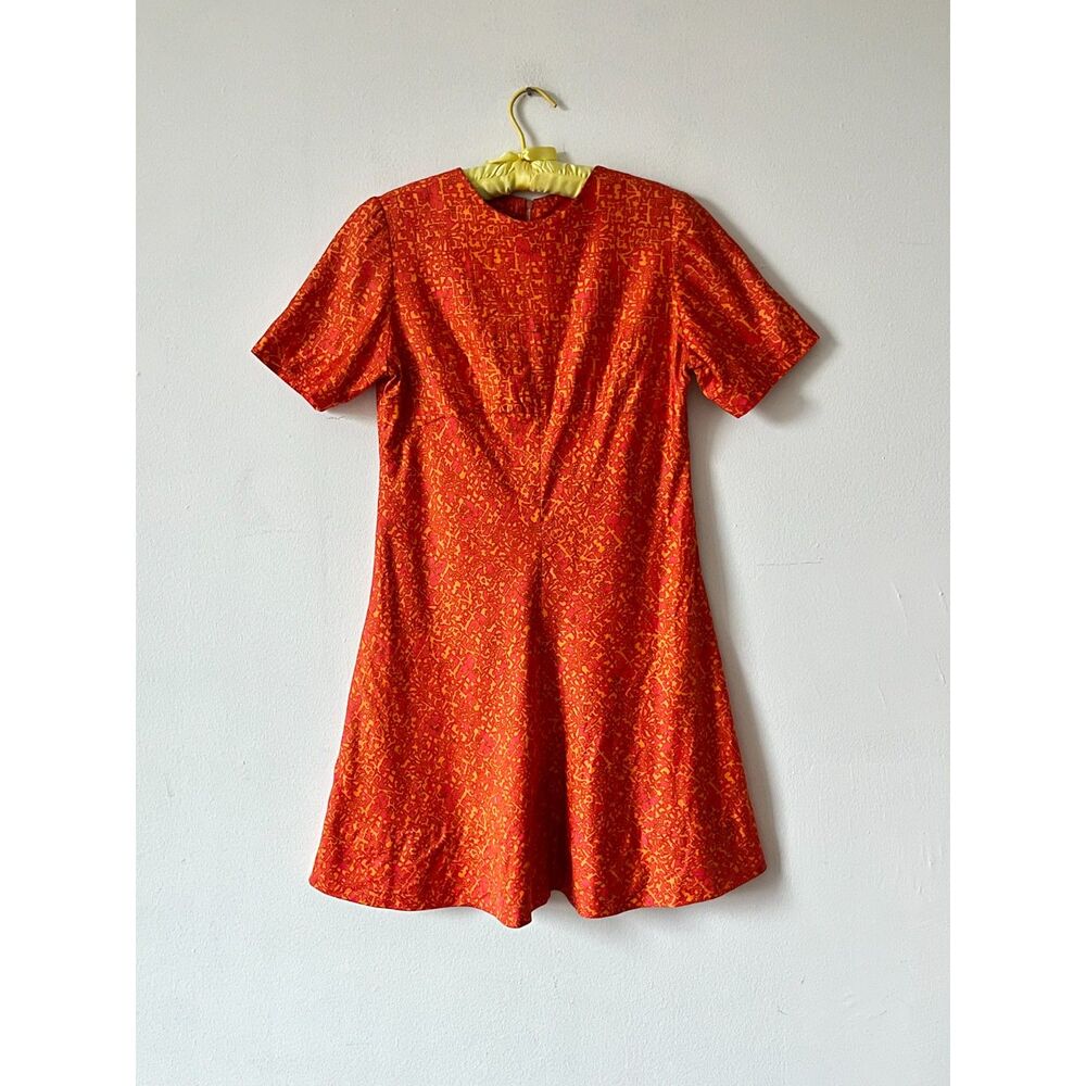 Handmade 60s Babydoll Mini Dress Orange Red Trippy Psychedelic Abstract Print